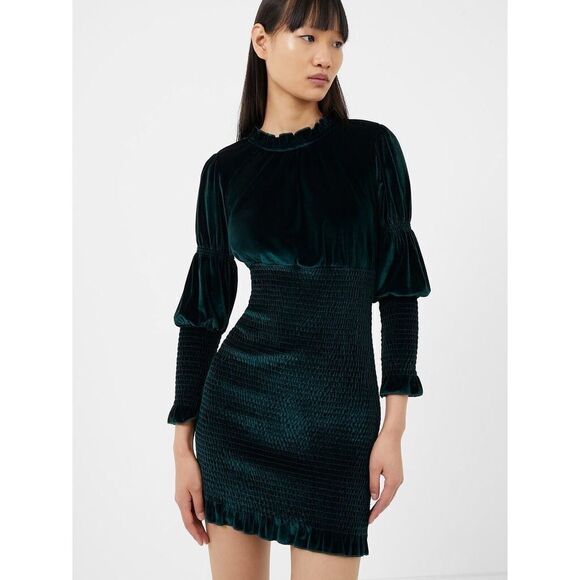 FRENCH CONNECTION Green Velvet Smocked Mini Dress Long Sleeve Size XS Medium New - Picture 1 of 14